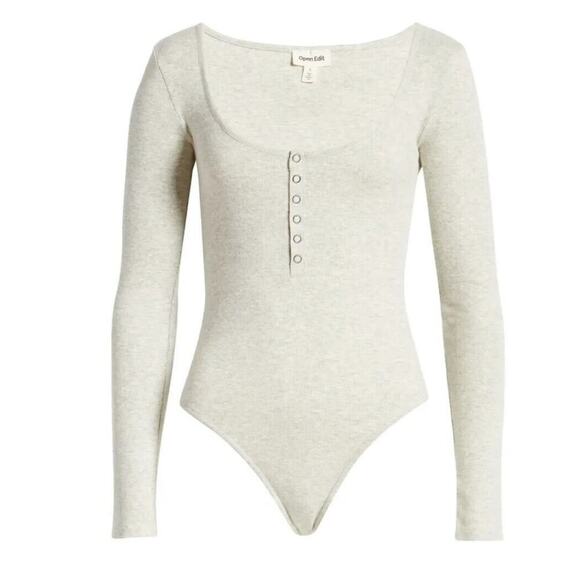Open Edit SZ Large Women Cream Long Sleeve Ribbed Bodysuit Organic Cotton Blend‎ - Picture 1 of 9